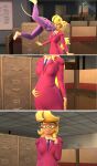  3d_(artwork) absurd_res anthro belly belly_rub big_belly blonde_hair blue_eyes bottomwear callie_briggs chip_&#039;n_dale chip_&#039;n_dale_rescue_rangers clothing comic digital_media_(artwork) disney eye_changing eye_color_transformation eyewear female female/female fur gadget_hackwrench glasses green_eyes hair hanna-barbera hi_res necktie nhokngotau oral_vore orange_body orange_fur pink_bottomwear pink_clothing pink_outfit pink_skirt pink_suit possession purple_necktie rubbing skirt suit swat_kats tail vore yellow_tail 