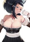  1girl areola_slip barmaid black_hair blue_eyes boku_no_hero_academia breasts cleavage commentary_typo detached_collar detached_sleeves english_commentary german_clothes gloves highres large_breasts long_hair nico-mo ponytail solo sweat white_background white_gloves yaoyorozu_momo 