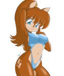  anthro blue_eyes brown_body brown_fur clothing crop_top deer female fur hair hand_behind_head hand_on_chest hi_res looking_at_viewer mammal markings one-piece_swimsuit ponytail seductive shirt simple_background solo swimwear tan_markings topwear unknown_artist white_background 
