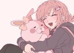  1girl :d backpack bag black_jacket blush_stickers brown_hair brown_thighhighs closed_eyes danganronpa_(series) danganronpa_2:_goodbye_despair ear_bow flipped_hair galaga hair_ornament hood hood_down jacket long_sleeves medium_hair monomi_(danganronpa) nanami_chiaki pink_bag ru-pe_(gstm_0915) simple_background smile teeth thighhighs upper_teeth_only white_background 