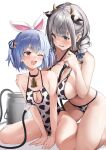  animal_ears animal_print antlers arou_(arrow_x666) bell bikini blush breast_pump breasts cow_ears cow_girl cow_horns cow_print cow_print_bikini cowbell fake_horns green_eyes grey_hair highres hololive horns large_breasts milking_machine navel neck_bell print_bikini shirogane_noel swimsuit usada_pekora virtual_youtuber 