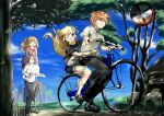  2boys 2girls :d ^_^ ahoge alternate_costume bicycle black_footwear black_shirt blonde_hair blue_eyes blue_shorts blue_sky blurry blush braid brown_hair casual clenched_teeth closed_eyes closed_mouth commentary_request company_connection copyright_name dango dango_daikazoku dappled_sunlight day depth_of_field eyepatch floating_hair food from_side grey_hair happy hat hood hood_down hoodie hug hug_from_behind kanbe_kotori key_(company) long_hair looking_afar looking_at_viewer multiple_boys multiple_girls multiple_riders nakatsu_shizuru one_eye_covered open_mouth orange_hair outdoors pink_hoodie rewrite riding riding_bicycle road_sign shirt short_hair short_sleeves shorts sign sky smile spiked_hair straw_hat summer sunlight tagame_(tagamecat) teeth tennouji_kotarou tree twin_braids twintails wagashi white_shirt yoshino_haruhiko 