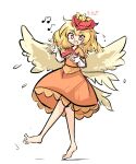  1girl barefoot blonde_hair dress looking_at_viewer niwatari_kutaka open_mouth primsla red_eyes simple_background solo white_background wings yellow_dress yellow_wings 