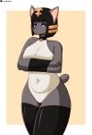  2023 alternate_hairstyle animal_crossing ankha_(animal_crossing) anthro bell black_eyeshadow black_hair blue_eyes bobtail breasts cel_shading clothed clothing collar colored_nails cosplay costume crossed_arms digital_media_(artwork) domestic_cat eyeshadow felid feline felis female flyingtrace fur grey_body grey_fur hair halloween halloween_costume hi_res holidays iris_(flyingtrace) jewelry legwear leotard makeup mammal nails nintendo shaded short_tail signature simple_background solo tail thigh_highs tight_clothing unimpressed 