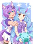  accessory animal_humanoid blue_hair blush canid canid_humanoid canine canine_humanoid canis colored_nails delmin_(show_by_rock!!) demon dragon dragon_humanoid duo female flower flower_in_hair fluffy_ears green_eyes hair hair_accessory hi_res horn horned_humanoid humanoid long_hair machikado07 mammal mammal_humanoid nails open_mouth plant plushie purple_hair red_eyes ruhuyu_(show_by_rock!!) sanrio short_hair show_by_rock!! simple_background wolf wolf_humanoid 