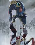  1girl back bare_shoulders black_hair blood blood_on_hands blue_hair bracer breasts colored_inner_hair detached_collar facepaint fate/grand_order fate_(series) feathers grey_eyes halterneck headdress high_collar highres kino_kokko looking_at_viewer looking_back multicolored_hair rain sash short_hair sidelocks small_breasts solo tassel tenochtitlan_(fate) weapon wet 