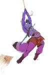  anthro black_tail bottomwear clothed clothing dipstick_tail fur hi_res looking_up male markings open_mouth oselotti purple_body purple_eyes purple_fur purple_tail red_bottomwear red_clothing signature simple_background socama solo tail tail_markings topless white_background 