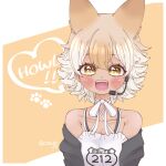  1girl animal_ears bare_shoulders black_jacket blonde_hair brown_background camisole coyote_(kemono_friends) cthun_n extra_ears highres jacket kemono_friends kemono_friends_v_project looking_at_viewer microphone short_hair simple_background smile solo upper_body virtual_youtuber wolf_ears wolf_girl yellow_eyes 