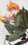  absurdres earrings explosive fangs flamethrower fuel grenade grenade_launcher headband highres jewelry lina_inverse military military_uniform orange_hair polilla red_eyes simple_background slayers uniform weapon 
