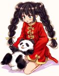  1girl :3 animal artist_name blush braid brown_hair china_dress chinese_clothes commentary_request double_bun dress full_body green_eyes hair_bun hair_ribbon holding holding_animal long_hair long_sleeves looking_at_animal looking_at_another looking_down open_mouth original panda red_dress red_footwear ribbon seiza shoes signature simple_background sitting sleeves_past_wrists solo sugano_manami twin_braids white_background yellow_ribbon 