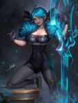  1girl black_bodysuit black_bow bodysuit bow breasts brown_pantyhose collarbone covered_navel detached_sleeves green_eyes green_hair grey_footwear grin gwen_(league_of_legends) hair_bow hands_up highres holding holding_scissors knee_up large_breasts league_of_legends long_hair looking_at_viewer oversized_object pantyhose puffy_short_sleeves puffy_sleeves scissors shiny_clothes shoes short_sleeves signature sirenlin smile solo swept_bangs symbol_in_eye table teeth twintails 