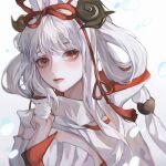  1girl albino beiqingluoshicaicai gongsun_li hair_ribbon hair_rings highres long_hair red_eyes red_lips red_ribbon ribbon simple_background solo wangzhe_rongyao white_background white_hair 