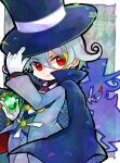  1boy blue_cape blue_jacket blue_pants border bow bowtie cape claude_(puyopuyo) closed_mouth dated doradorakingyo gem gloves green_gemstone grey_hair hair_between_eyes hat hat_tip holding holding_gem jacket looking_at_viewer male_focus pants purple_bow purple_bowtie puyopuyo puyopuyo_quest red_eyes shadow short_hair smile solo thief top_hat white_border white_gloves 