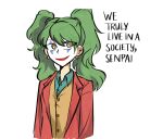  1girl batman_(series) brown_eyes cosplay dc_comics facepaint green_hair highres joker_(dc) joker_(dc)_(cosplay) kujikawa_rise long_hair looking_at_viewer meme persona persona_4 smile solo twintails we_live_in_a_society_(meme) white_background 