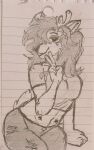  2023 anthro antlers bottomwear breasts capreoline clothed clothing deer eyebrows female fur gesture graphite_(artwork) greyscale hair horn ilex_(literaldeerirl) literaldeerirl long_hair looking_at_viewer mammal midriff monochrome notebook_paper_background pants pencil_(artwork) scut_tail shirt short_tail sitting smile solo tail topwear traditional_media_(artwork) trans_(lore) trans_woman_(lore) v_sign white-tailed_deer 