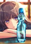  1girl backlighting blunt_bangs blush bottle brown_hair closed_mouth eyelashes highres indoors long_hair looking_at_viewer multicolored_eyes orange_eyes original purple_eyes ramune solo upper_body window yuu_knmy 