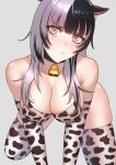  1girl :/ all_fours animal_ears animal_print bare_shoulders bell between_breasts bikini black_collar black_hair blunt_bangs breasts cipher4109 cleavage closed_mouth collar cow_ears cow_print cow_print_bikini cowbell grey_background highres hololive hololive_english large_breasts looking_at_viewer multicolored_hair neck_bell print_bikini print_thighhighs shiori_novella simple_background solo split-color_hair swimsuit thighhighs thighs virtual_youtuber white_hair yellow_eyes 