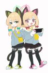  2girls aged_down animal_ear_headphones animal_ears aqua_bow bag black_thighhighs blonde_hair blue_archive blue_jacket blush bow cat_ear_headphones chestnut_mouth fake_animal_ears full_body green_eyes green_footwear hair_bow halo handheld_game_console headphones highres holding holding_handheld_game_console jacket long_sleeves looking_at_another midori_(blue_archive) momoi_(blue_archive) multiple_girls multiple_tails open_mouth parted_lips pink_eyes pink_footwear pleated_skirt ran_(bearsoymilk) red_bow satchel short_hair shorts siblings simple_background sisters skirt slippers smile tail thighhighs twins white_background yellow_bag 