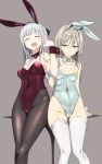  2girls ak-12_(girls&#039;_frontline) an-94_(girls&#039;_frontline) animal_ears bare_shoulders blue_eyes blue_leotard breasts cleavage closed_eyes collarbone commentary_request covered_navel detached_collar expressionless fake_animal_ears feet_out_of_frame girls&#039;_frontline grey_background grey_hair highleg highleg_leotard highres holding_another&#039;s_arm large_breasts leaning_on_table leotard looking_at_viewer multiple_girls open_mouth pantyhose playboy_bunny rabbit_ears red_leotard simple_background smile strapless strapless_leotard table thighhighs v white_thighhighs wrist_cuffs zafuri_(yzrnegy) 
