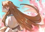  1boy absurdres arm_strap bow_(weapon) brown_hair cherry_blossoms chiron_(fate) day falling_petals fate/grand_order fate_(series) floating_hair flower from_side hair_over_eyes haruakira highres holding holding_bow_(weapon) holding_weapon light_smile long_hair low-tied_long_hair male_focus parted_lips petals pink_flower profile sleeveless solo tunic upper_body weapon white_tunic 