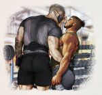  2boys arm_hair arm_tattoo artist_name ass bara beard blurry blurry_background call_of_duty call_of_duty:_modern_warfare_2 dumbbell facial_hair feet_out_of_frame fingerless_gloves ghost_(modern_warfare_2) gloves gym gym_shorts gym_uniform hand_on_another&#039;s_face hand_on_another&#039;s_hip heart highres huge_ass implied_yaoi looking_at_another male_focus manly mask mature_male military military_vehicle mohawk motor_vehicle multiple_boys muscular muscular_male pectorals scar shirt shorts sidepec signature soap_(modern_warfare_2) sweat sweatdrop t-shirt tank tattoo thick_arms thick_eyebrows thick_thighs thighs twitter_username umikochannart undercut yaoi 