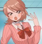  1girl blue_background blush bow bowtie breasts brown_eyes brown_hair cardigan choker collared_shirt commentary earrings gekkoukan_high_school_uniform hand_up highres indoors jewelry long_sleeves looking_at_viewer medium_breasts medium_hair open_mouth parted_bangs persona persona_3 pink_cardigan red_bow red_bowtie retro_artstyle romaji_commentary school_uniform shirt solo stud_earrings swept_bangs takeba_yukari upper_body v-shaped_eyebrows white_choker white_shirt yuyuy_00 