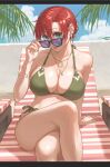  1girl beach_chair bikini blue_sky boudica_(fate) breasts cloud day earrings fate/grand_order fate_(series) green_bikini green_eyes jewelry large_breasts necklace outdoors palm_leaf red_hair shoe-ji short_hair side-tie_bikini_bottom sitting sky solo sunglasses swimsuit tongue tongue_out 