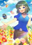  1girl :d blue_eyes blue_shirt blue_sky blurry blurry_background blurry_foreground breasts brown_skirt cloud cloudy_sky collarbone commentary_request commission day depth_of_field field flower flower_field green_hair hand_up kou_hiyoyo medium_breasts original outdoors pink_flower pleated_skirt puffy_short_sleeves puffy_sleeves red_flower shirt short_sleeves skeb_commission skirt sky smile white_flower yellow_flower 