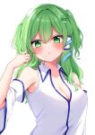  1girl alternate_hairstyle bare_shoulders blush breasts cleavage collarbone collared_shirt detached_sleeves frog_hair_ornament green_eyes green_hair hair_between_eyes hair_ornament hair_tubes hand_up heart heart-shaped_pupils highres kochiya_sanae long_hair long_sleeves looking_at_viewer medium_breasts open_mouth shinonome_asu shirt simple_background sleeveless sleeveless_shirt snake_hair_ornament solo standing symbol-shaped_pupils touhou twitter_username two_side_up white_background white_shirt wide_sleeves 