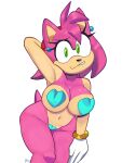  2023 3:4 absurd_res amy_rose anthro asian_clothing big_breasts breasts clothing east_asian_clothing eulipotyphlan female front_view gloves green_eyes hand_behind_head handwear hedgehog hi_res japanese_clothing looking_at_viewer maebari mammal monamania mostly_nude navel pasties pink_body portrait sega simple_background solo sonic_the_hedgehog_(series) three-quarter_portrait white_background 