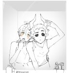  2girls amity_blight arm_around_waist black_sclera blush colored_sclera couple crop_top demon_horns eyebrow_cut highres horns leaning_on_person looking_at_mirror luz_noceda medlowdown mirror monochrome multiple_girls pointy_ears raised_eyebrow scar spot_color the_owl_house uneven_eyes upper_body vehicle_focus yellow_eyes yuri 