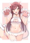 1girl anal_tail animal_ears animal_hands anus_cutout arakumachikano bikini blush breasts cat_cutout cat_ears cat_paws cat_tail choker cleavage clothing_cutout collarbone fake_tail frilled_bikini frills gloves hands_up highleg highleg_bikini highres idolmaster idolmaster_shiny_colors long_hair looking_at_viewer medium_breasts multiple_views navel nyan osaki_amana paw_gloves red_choker red_hair smile solo straight_hair swimsuit tail thigh_strap very_long_hair 