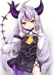  1girl ahoge black_horns braid braided_bangs detached_sleeves grey_hair hamura highres hololive horns la+_darknesss la+_darknesss_(1st_costume) long_hair multicolored_hair pointy_ears purple_hair purple_thighhighs streaked_hair striped_horns thighhighs virtual_youtuber yellow_eyes 