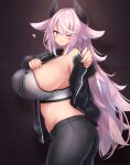 1girl animal_ear_fluff animal_ears ass black_horns black_jacket black_pants blue_eyes breasts clothes_writing cowboy_shot from_side grey_sports_bra heart highres horns jacket large_breasts multicolored_hair one_eye_closed original pants pink_hair sideboob solo sports_bra streaked_hair tylwing 