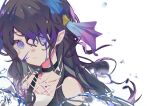  1girl 906_(kgrj7583) arknights bare_shoulders black_choker black_hair blood blood_on_face blue_blood blue_eyes choker closed_mouth collarbone coral highmore_(arknights) long_hair looking_at_viewer pointy_ears simple_background solo upper_body very_long_hair water_drop white_background 