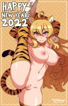  1girl absurdres ahoge anal_tail animal_ears animal_print blonde_hair breasts censored chinese_zodiac elbow_gloves english_commentary english_text eyelashes fake_tail fur-trimmed_gloves fur_trim glitch glitch_censor gloves hair_between_eyes happy_new_year highres holding_own_leg large_breasts leg_lift leg_up light_smile long_hair looking_at_viewer navel nipples nude orange_background purple_eyes pussy pussy_juice rwby signature solo split standing standing_on_one_leg standing_split stomach tail thighhighs thighs tiger_ears tiger_print tiger_tail twobey yang_xiao_long year_of_the_tiger 