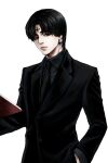  1boy alternate_costume black_eyes black_hair black_shirt book chrollo_lucilfer commentary_request earrings formal hand_in_pocket highres holding holding_book hunter_x_hunter jewelry looking_at_viewer male_focus necktie shirt short_hair simple_background skywaltz05 solo suit white_background 