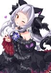  1girl ;p absurdres animal_ear_fluff animal_ears bare_shoulders black_bow black_sleeves blush bow breasts brown_eyes cat_ears cat_girl cat_tail commentary_request detached_sleeves forehead frilled_bow frills grey_hair hair_bow heart highres hololive juliet_sleeves long_hair long_sleeves looking_at_viewer murasaki_shion one_eye_closed puffy_sleeves simple_background sleeves_past_wrists small_breasts solo star_(symbol) tail tongue tongue_out ugume v-shaped_eyebrows very_long_hair virtual_youtuber white_background wide_sleeves 