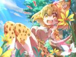  animal_ears bare_shoulders blonde_hair blush bow bowtie cat_ears cat_girl cat_tail extra_ears flower gloves hair_between_eyes high-waist_skirt highres icorasama kemono_friends looking_at_viewer open_mouth print_bow print_bowtie print_gloves print_skirt print_thighhighs serval_(kemono_friends) serval_print shirt short_hair sidelocks sitting skirt smile tail thighhighs white_shirt yellow_eyes 