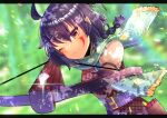  1girl bare_shoulders belt belt_buckle black_belt black_hair blurry blurry_background blush bolt braid brown_eyes buckle commentary_request commission crossbow depth_of_field elbow_gloves facial_mark fringe_trim gloves green_scarf hair_between_eyes holding holding_weapon kou_hiyoyo letterboxed long_hair one_eye_closed original puffy_short_sleeves puffy_sleeves purple_gloves quiver scarf shirt short_sleeves single_braid skeb_commission solo upper_body weapon white_shirt 
