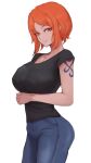  1girl arm_under_breasts black_shirt breasts denim from_side highres large_breasts looking_at_viewer nami_(one_piece) one_piece orange_eyes orange_hair pants shirt short_hair shoulder_tattoo sidelocks smile t-shirt tattoo vivian_opart white_background 