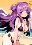  1girl bare_arms bare_legs bare_shoulders beach bikini blush breasts cleavage closed_mouth cowboy_shot double_bun hair_bun harakune_(mugennero) large_breasts long_hair navel ocean patchouli_knowledge purple_bikini purple_eyes purple_hair side-tie_bikini_bottom solo swimsuit touhou 