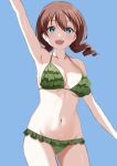  1girl arm_up armpits bare_arms bare_legs bikini blue_background blue_eyes breasts brown_hair collarbone drill_hair emma_verde freckles frilled_bikini frills gorilla-shi green_bikini hair_between_eyes highres large_breasts long_hair looking_at_viewer love_live! love_live!_nijigasaki_high_school_idol_club midriff navel open_mouth sideboob smile solo swimsuit teeth twin_drills underboob upper_teeth_only 