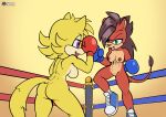 anthro boxing_gloves breasts butt canid canine canis clothing duo ellie_the_wolf fan_character felid female fighting_ring footwear footwear_only fours_(artist) genitals gloves green_eyes handwear hi_res lion mammal mostly_nude muscular muscular_female nipples pantherine purple_eyes pussy red_body sega sheila_the_lion shoes shoes_only sonic_the_hedgehog_(series) wolf yellow_body 