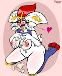 anthro blush bodily_fluids breasts buckteeth cinderace cum cum_in_mouth cum_inside cum_on_breasts cum_on_face female fur generation_8_pokemon genital_fluids genitals hi_res kneeling multicolored_body nintendo open_mouth open_smile pokemon pokemon_(species) protagon pussy smile teeth tongue tongue_out white_body white_fur 