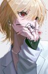  1boy absurdres androgynous artist_name black_nails blonde_hair collared_shirt covering_mouth earrings grey_background hair_between_eyes hand_over_own_mouth highres hunter_x_hunter jewelry kurapika layered_sleeves male_focus multiple_rings nail_polish necklace red_eyes ring shirt simple_background sjamki solo sparkle upper_body 