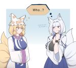  2girls animal_ears azur_lane blonde_hair blue_eyes blue_skirt blunt_bangs breasts closed_mouth commentary commission dress english_commentary english_text eyeliner fox_ears fox_girl fox_tail hair_intakes hat highres index_finger_raised kaga_(azur_lane) kitsune large_breasts looking_at_another makeup mata_(matasoup) mob_cap multiple_girls multiple_tails short_hair simple_background skirt sweatdrop tabard tail thought_bubble touhou white_dress white_hair white_headwear yakumo_ran yellow_eyes 