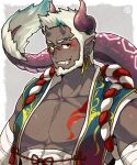  1boy bandaged_arm bandages bara bare_shoulders dark-skinned_male dark_skin demon_boy demon_boy_(kiri_futoshi) dragon_horns dragon_tail earrings grin horns japanese_clothes jewelry kiri_futoshi large_pectorals looking_at_viewer male_focus mature_male midriff_sarashi monocle multiple_horns muscular muscular_male oni oni_horns original pectoral_cleavage pectorals round_eyewear sarashi seductive_smile short_hair single_earring skin-covered_horns sleeveless smile solo tail tail_raised thick_eyebrows tusks upper_body 