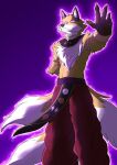  2022 3_tails 5_fingers absurd_res anthro athletic athletic_anthro athletic_male biped bottomwear canid canine chest_tuft clothed clothing dipstick_tail dragon_ball dragon_ball_super fingers fox front_view fur glowing glowing_eyes hi_res leodyne liquiir male mammal markings multi_tail multicolored_body multicolored_fur pants portrait purple_background signature simple_background smile solo tail tail_markings three-quarter_portrait topless tuft two_tone_body two_tone_fur white_body white_fur yellow_body yellow_fur 