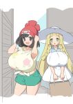  2girls blonde_hair breasts brown_eyes brown_hair gigantic_breasts green_eyes hat huge_breasts impossible_clothes impossible_shirt large_breasts lillie_(pokemon) looking_at_viewer multiple_girls non-web_source pokemon pokemon_(game) pokemon_sm selene_(pokemon) shirt tight_clothes tight_shirt 